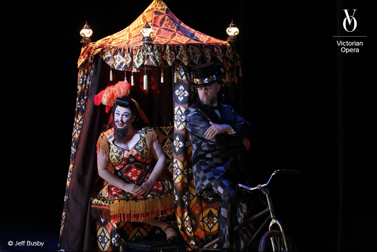 Roxane Hislop (Baba the Turk), Andrew Collis (Nick Shadow) Victorian Opera's 'The Rake's Progress' 2012 Jeff Busby