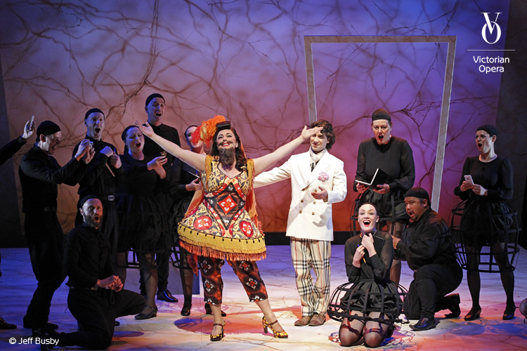 Roxane Hislop (Baba the Turk), Benjamin Namdarian (Tom Rakewell), Chorus Victorian Opera's 'The Rake's Progress' 2012 Jeff Busby