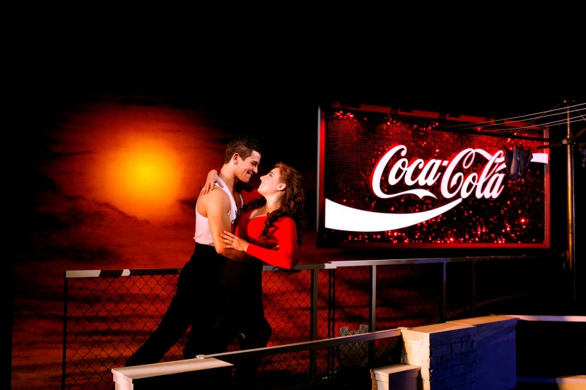 Strictly-Ballroom-musical,-Sydney,-Thomas-Lacey,-Phoebe-Panaretos,-Coca-Cola-sign