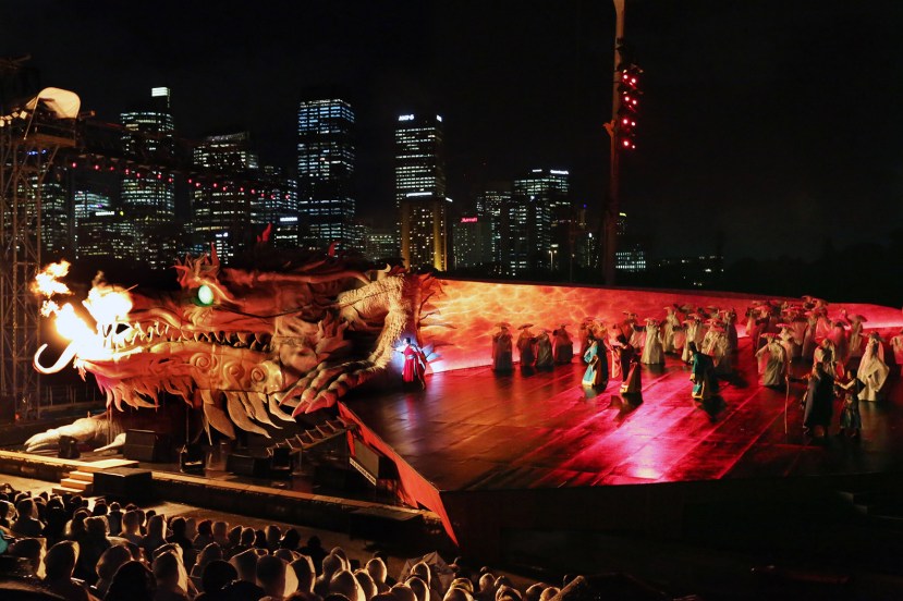 Turandot-2016-Handa-Opera-on-Sydney-Harbour,-fire-breathing-dragon